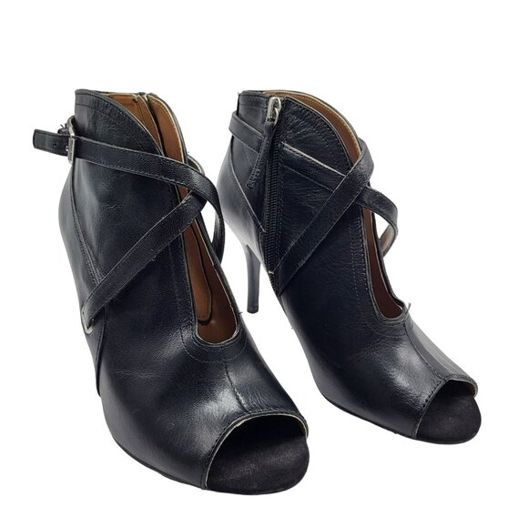 Nine West Gaige Open Toe Black Leather Heeled Bootie Women Size 7.5 Side Zip - Picture 1 of 11